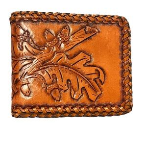 Vintage Hand Tooled Leather Bi-Fold Wallet with leaves and acorns
